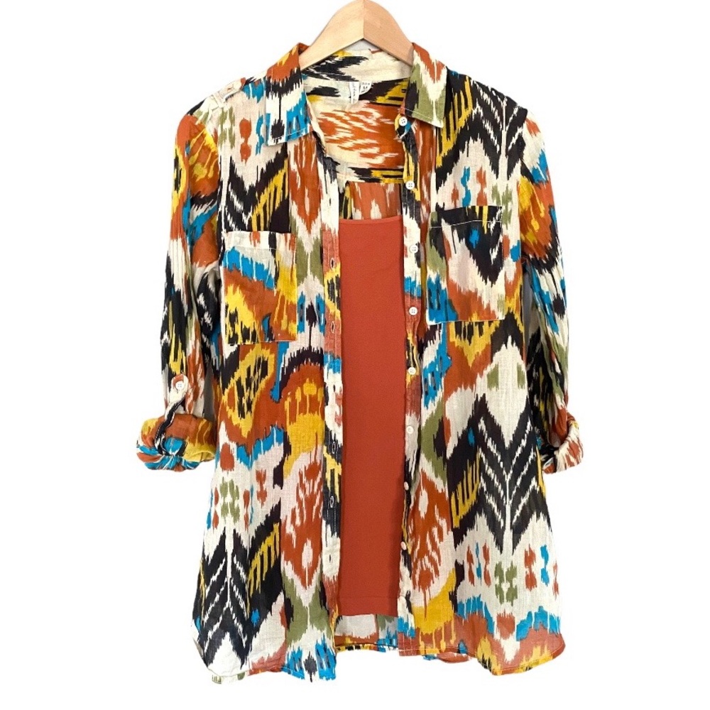 Cotton Daisy Tribal Print Button Up Safari Shirt M Roll Up Long Sleeves orange